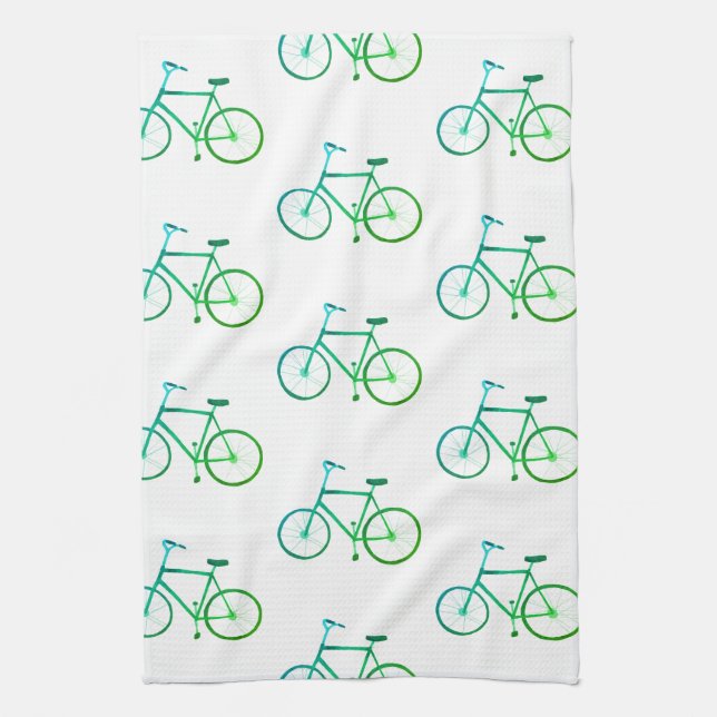 Green blue bicycles bikes pattern kitchen towel (Vertical)