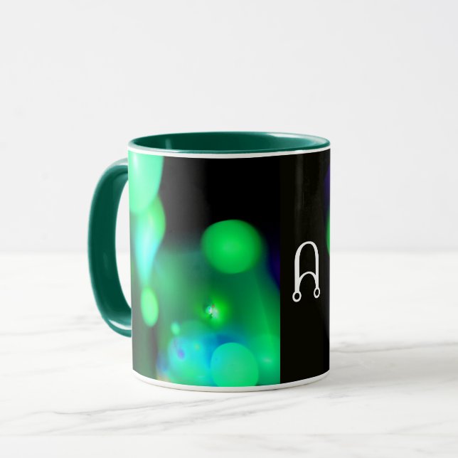 GREEN BLUE  BLACK FRACTAL BUBBLES MONOGRAM MUG (Front Left)