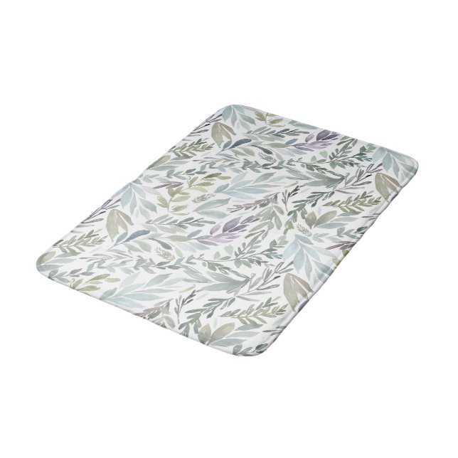 Green Blue Botanical Watercolor Bath Mat (Angled)