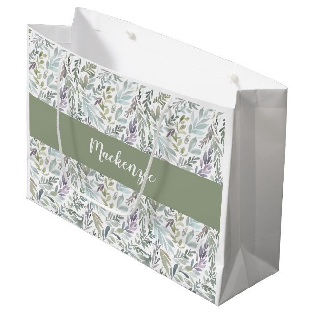 Green Blue Botanical Watercolor Large Gift Bag (Front Angled)