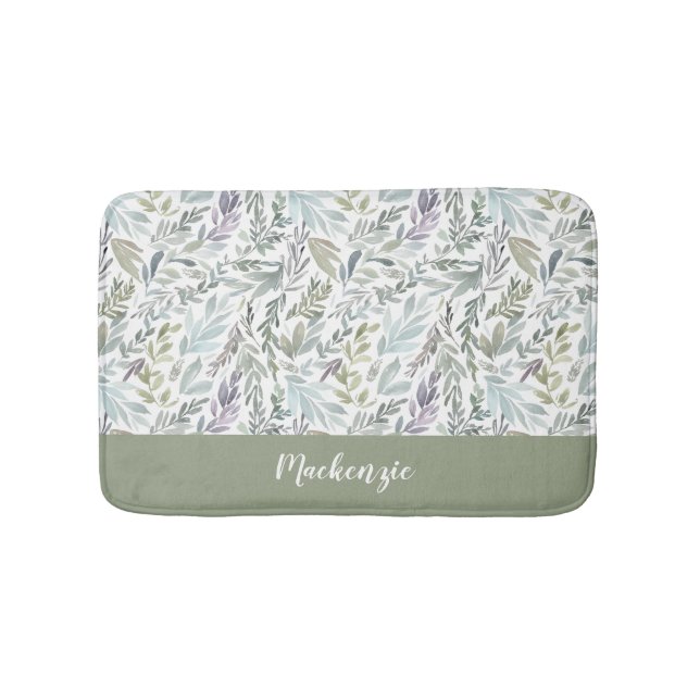 Green Blue Botanical Watercolor Monogram Name Bath Mat (Front)