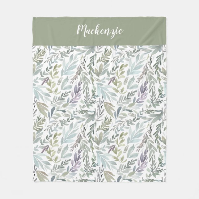 Green Blue Botanical Watercolor Monogram Name Fleece Blanket (Front)