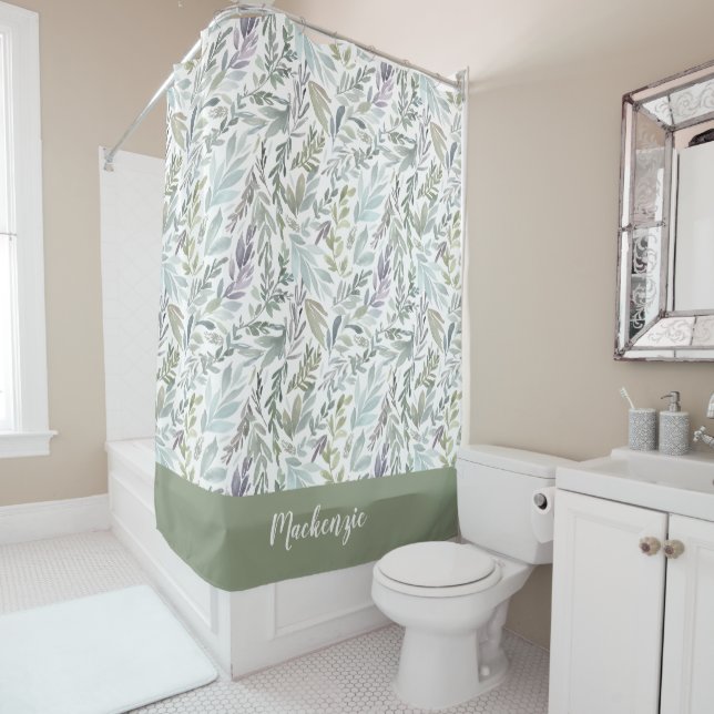 Green Blue Botanical Watercolor Monogram Name Shower Curtain (In Situ)