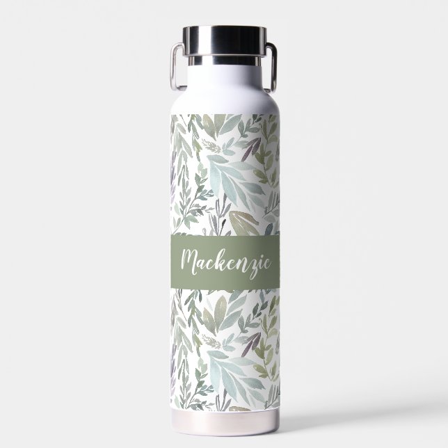 Green Blue Botanical Watercolor Monogram Name Water Bottle (Front)