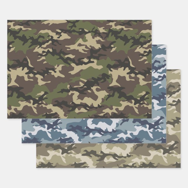 Green, Blue & Brown Camo Camouflage Wrapping Paper Sheet (Set)
