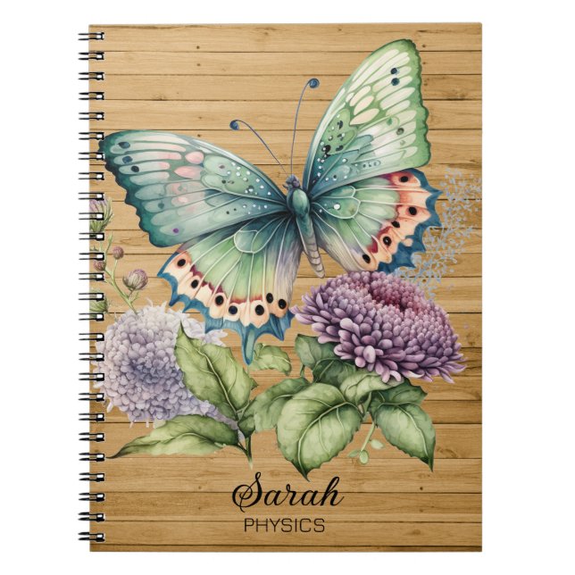 Green Blue Butterfly Purple Flowers Name Subject Notebook (Front)