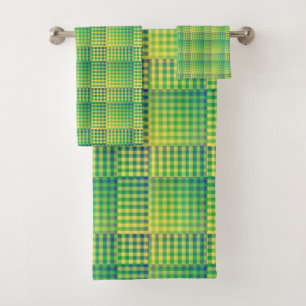Green Blue Checker Abstract Pattern Bath Towel Set