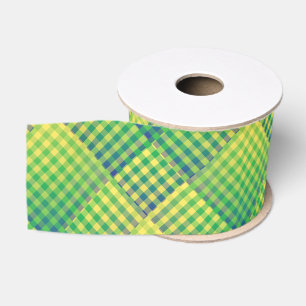 Green Blue Checker Abstract Pattern Grosgrain Ribbon