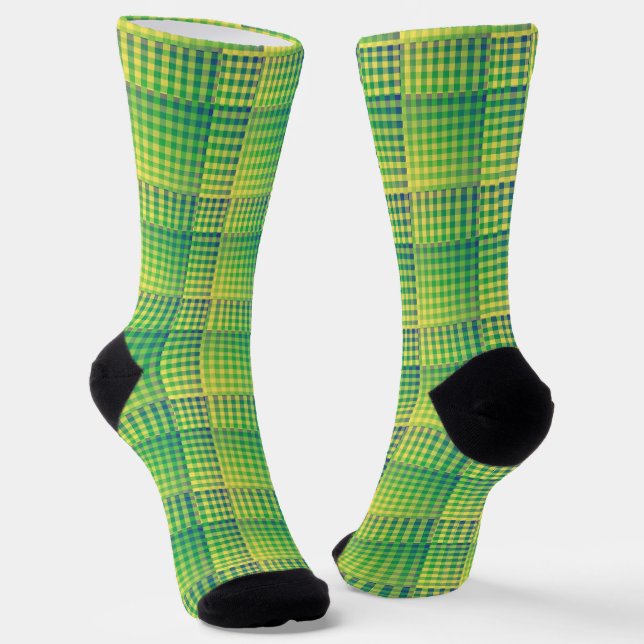 Green Blue Checker Abstract Pattern Socks (Angled)