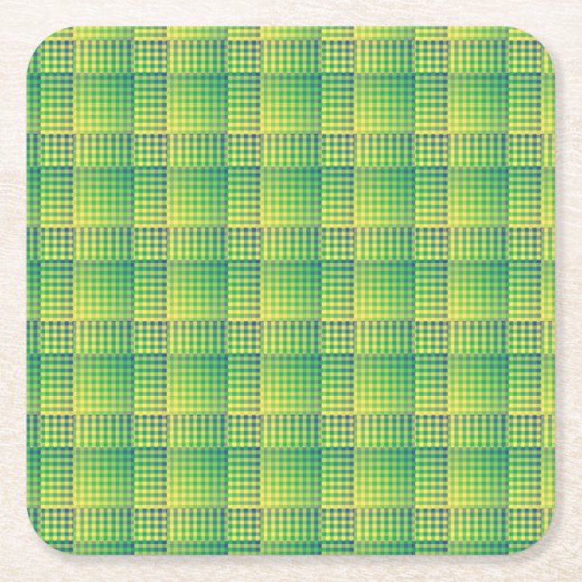 Green Blue Checker Abstract Pattern Square Paper Coaster (Front)
