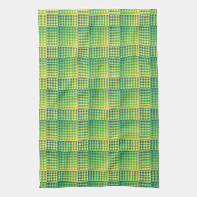 Green Blue Checker Abstract Pattern Tea Towel (Vertical)