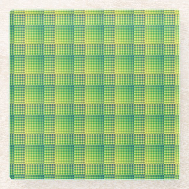 Green Blue Chequered Abstract Pattern Glass Coaster (Front)