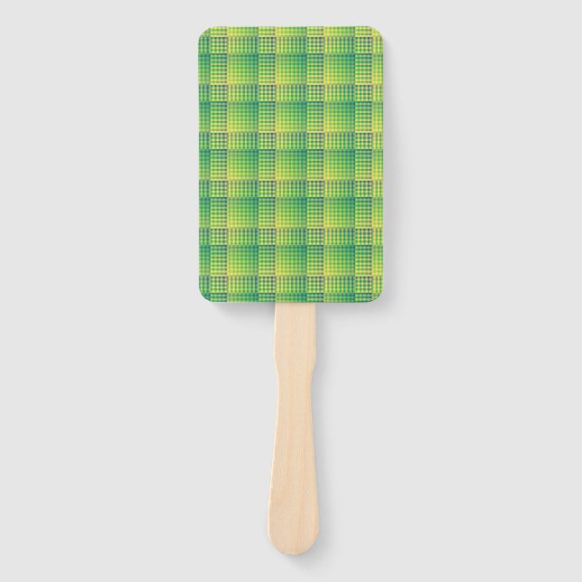 Green Blue Chequered Abstract Pattern Hand Fan (Front)
