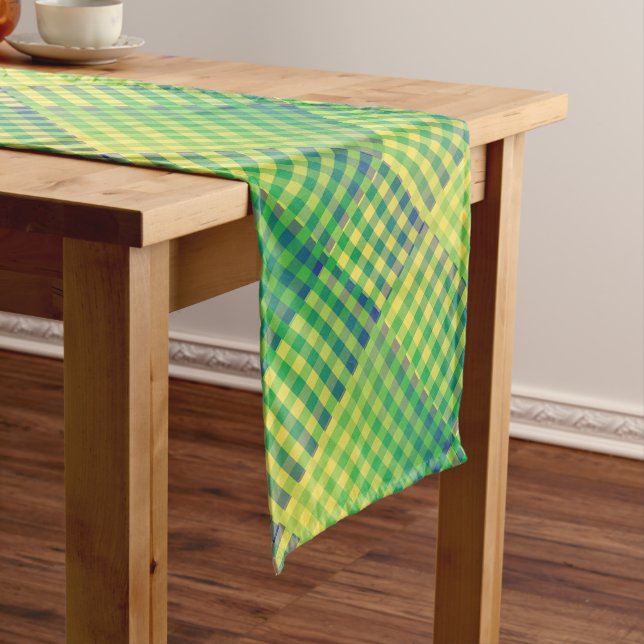Green Blue Chequered Abstract Pattern Medium Table Runner (In Situ)