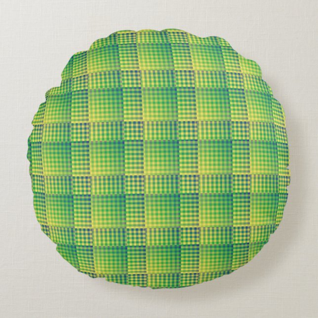 Green Blue Chequered Abstract Pattern Round Cushion (Front)