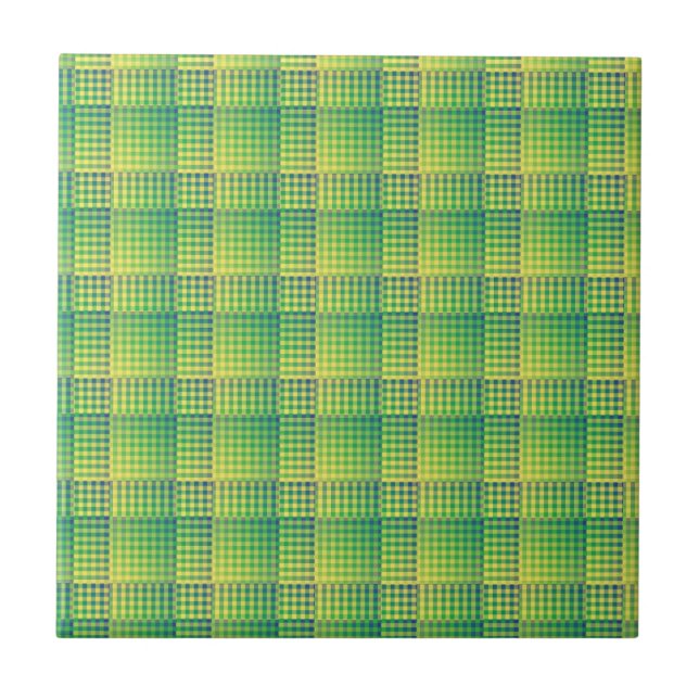 Green Blue Chequered Abstract Pattern Tile (Front)