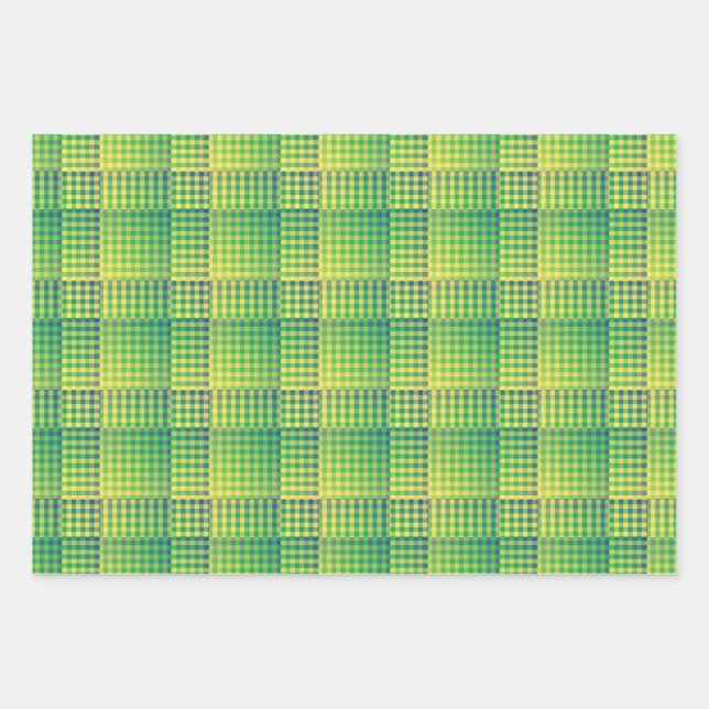 Green Blue Chequered Abstract Pattern Wrapping Paper Sheet (Front)