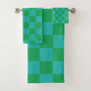 Green Blue Chequered Gingham Pattern Bath Towel Set