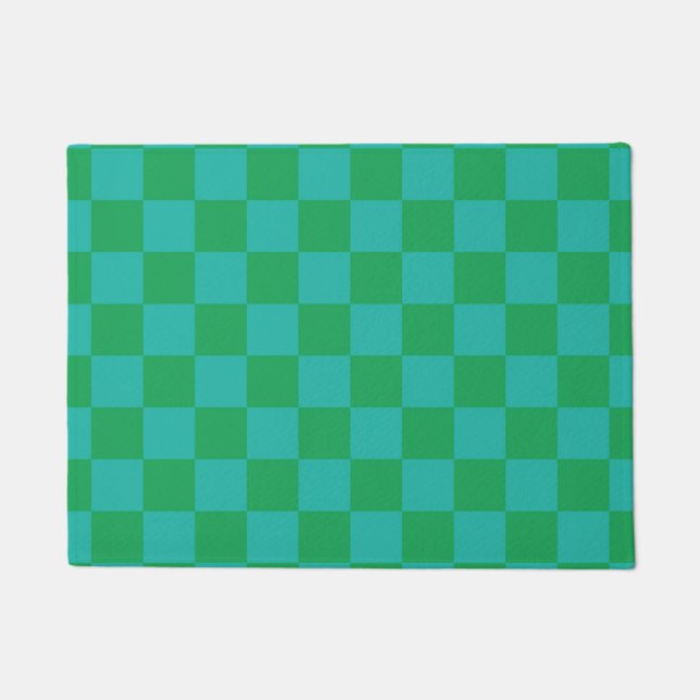 Green Blue Chequered Gingham Pattern Doormat (Front)