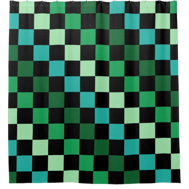 Green Blue Chequered Gingham Pattern Shower Curtain (Front)