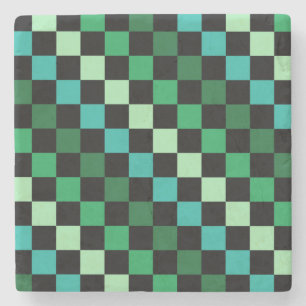 Green Blue Chequered Gingham Pattern Stone Coaster