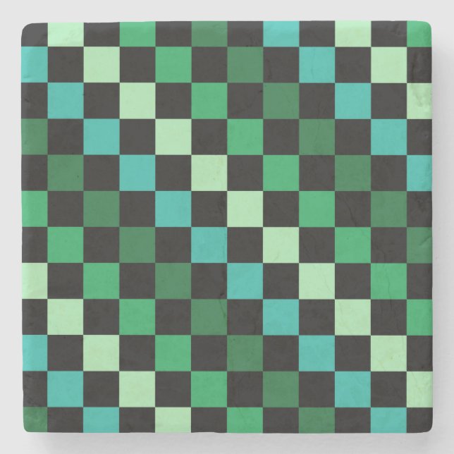 Green Blue Chequered Gingham Pattern Stone Coaster (Front)