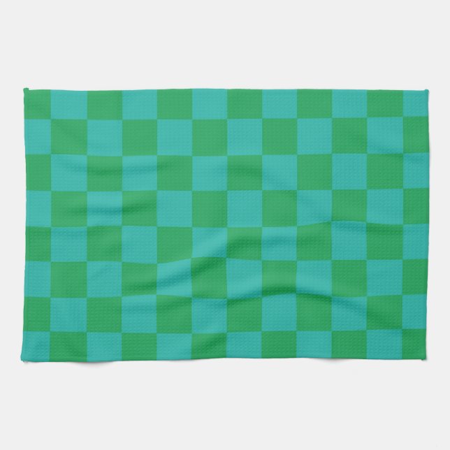 Green Blue Chequered Gingham Pattern Tea Towel (Horizontal)