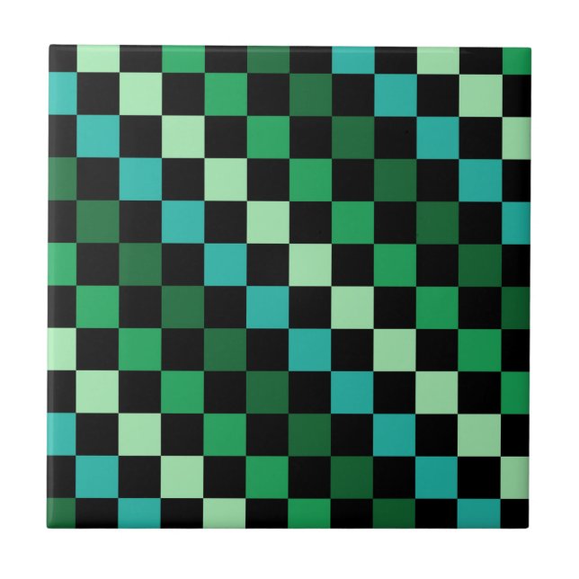 Green Blue Chequered Gingham Pattern Tile (Front)