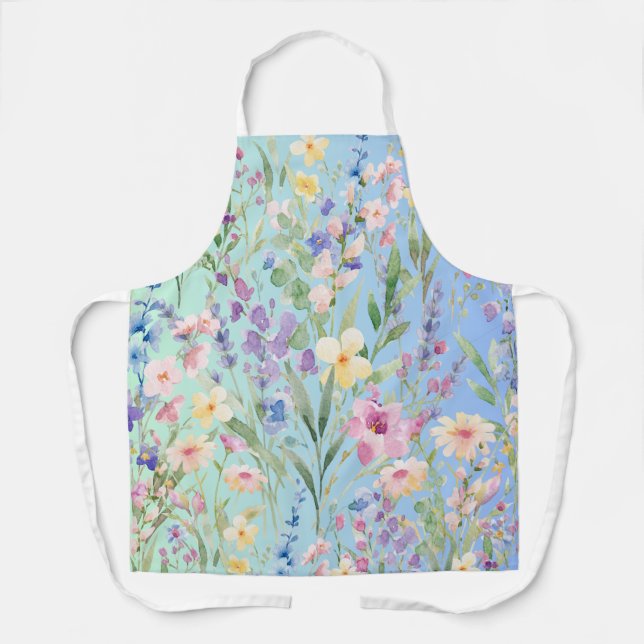 Green Blue Colourful Flowers Apron (Front)