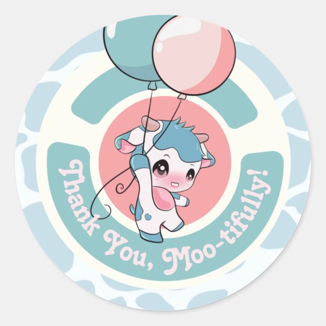 Green Blue Cow Pattern Thank you Round Sticker  (Front)