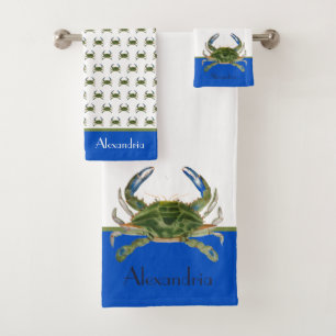 Green Blue Crab Grey Nautical Coastal Bath Towel