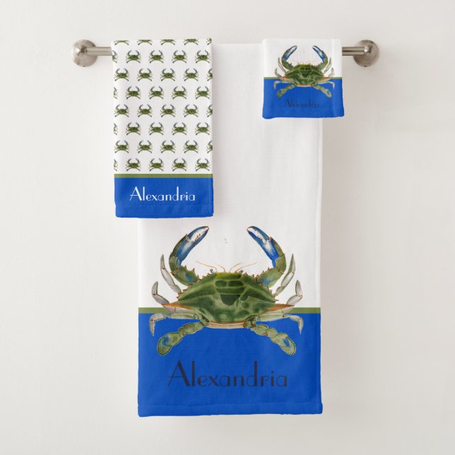 Green Blue Crab Grey Nautical Coastal  Bath Towel  (Insitu)