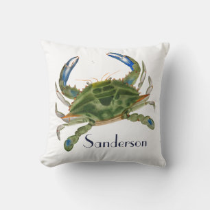 Green Blue Crab  Nautical Coastal Cushion