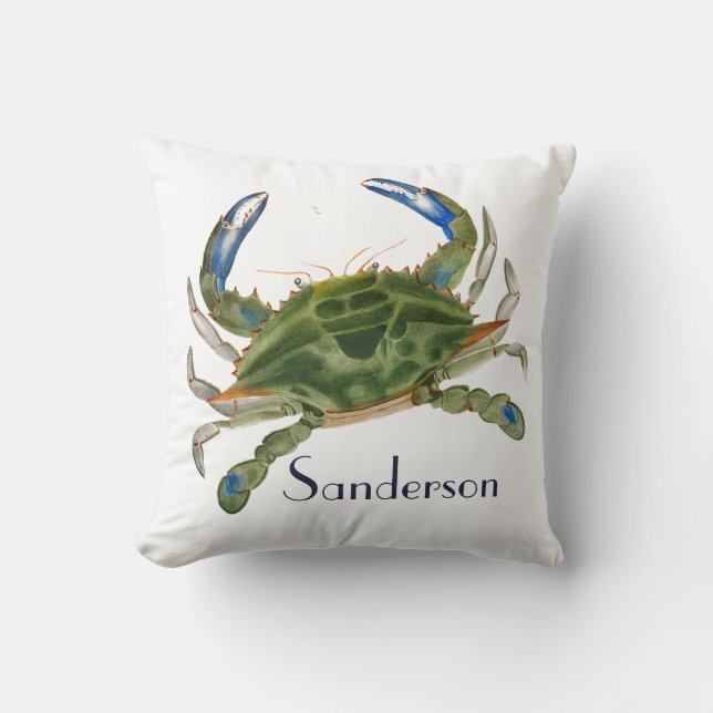 Green Blue Crab  Nautical Coastal Cushion (Front)