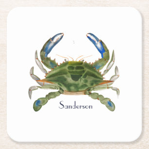 Green Blue Crab Nautical Coastal Shot Glass Square Paper Coaster
