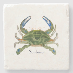 Green Blue Crab Nautical Coastal Stone Coaster