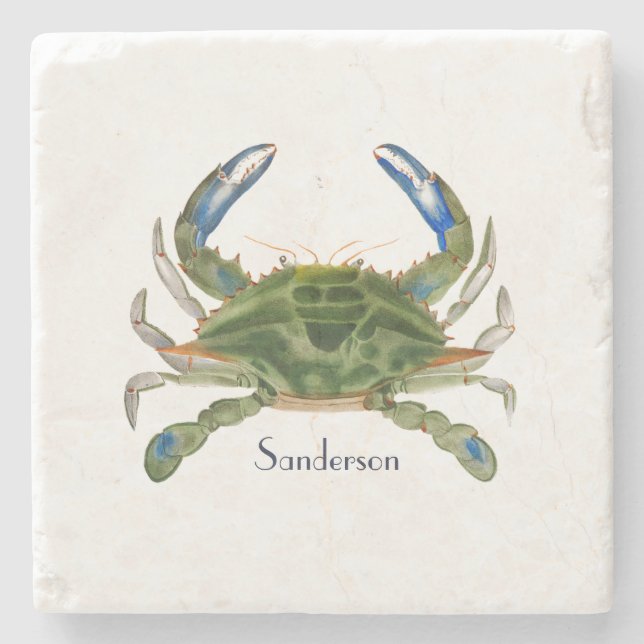 Green Blue Crab  Nautical Coastal    Stone Coaster (Front)