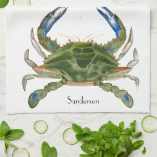 Green Blue Crab Nautical Coastal Tea Towel