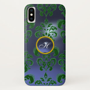 GREEN BLUE DAMASK GEMSTONE MONOGRAM Floral iPhone X Case