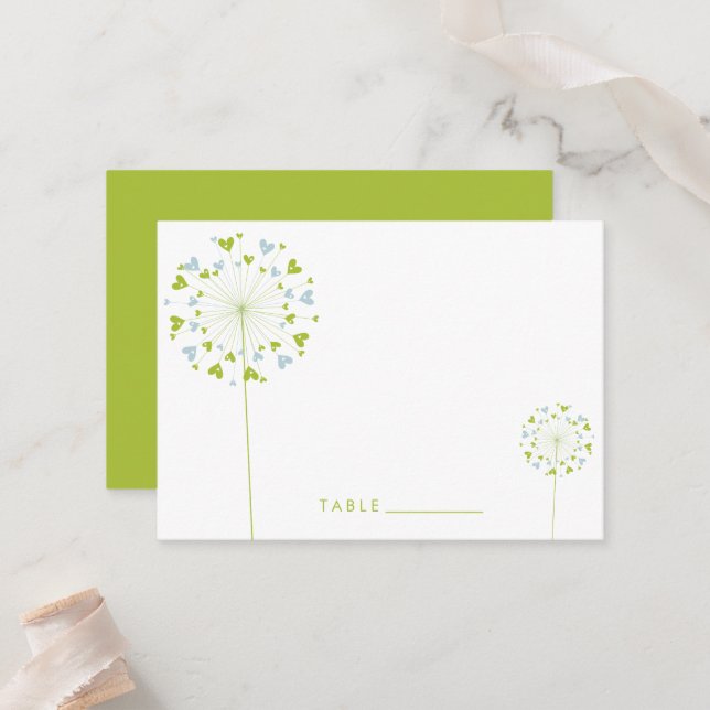 Green & Blue Dandelion Flowers Love Hearts Wedding Place Card (Front/Back In Situ)