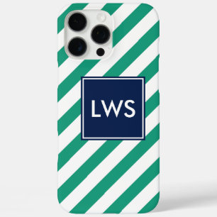 Green Blue Diagonal Stripes Monogram iPhone 16 Pro Max Case