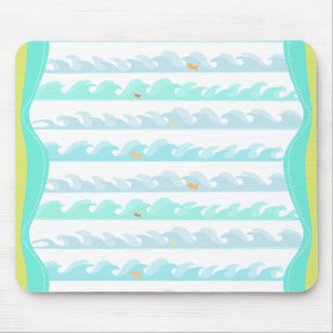 Green & Blue Digital Ocean Waves and Little Fish Mouse Mat