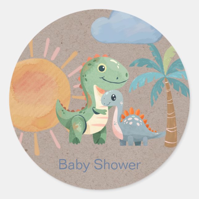 Green Blue Dinosaur Adventure Boy Baby Shower Classic Round Sticker (Front)