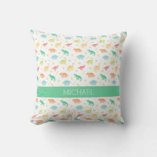 Green Blue Dinosaur Pattern Custom Name Cushion