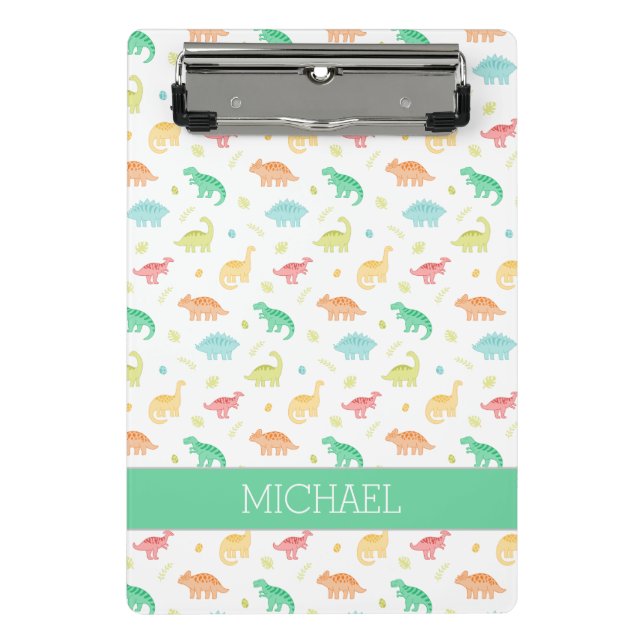 Green Blue Dinosaur Pattern Custom Name Mini Clipboard (Front)