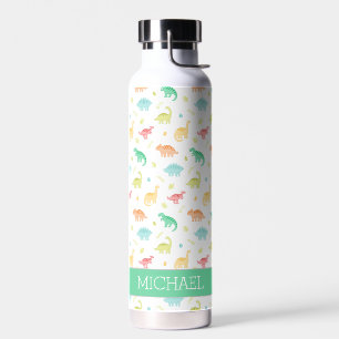 Green Blue Dinosaur Pattern Custom Name Water Bottle