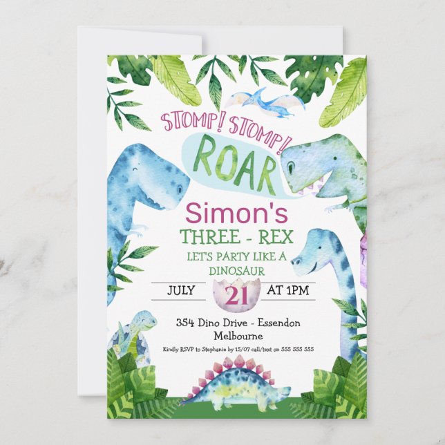 Green Blue Dinosaur T Rex Birthday Invitation (Front)