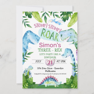 Green Blue Dinosaur T Rex Birthday Invitation