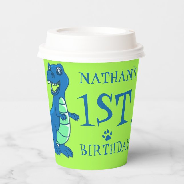 Green Blue Dinosaur Themed Kids Birthday Party Paper Cups (Front)