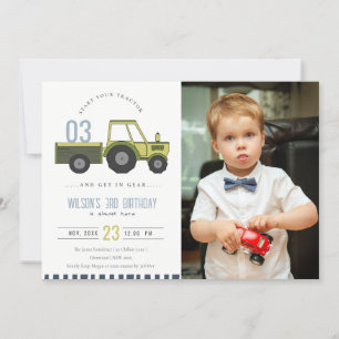 Green Blue Farm Tractor Kids Photo Birthday Invite